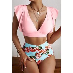 NWT Pink Ruffle Shoulder Top Floral Printed High Waist Bottom Bikini - Large